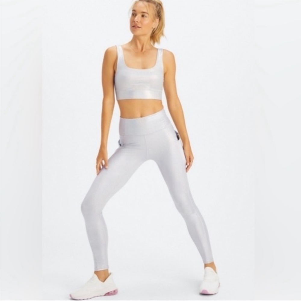 Fabletics Iridescent Silver Legging and Sports Bra Set XS